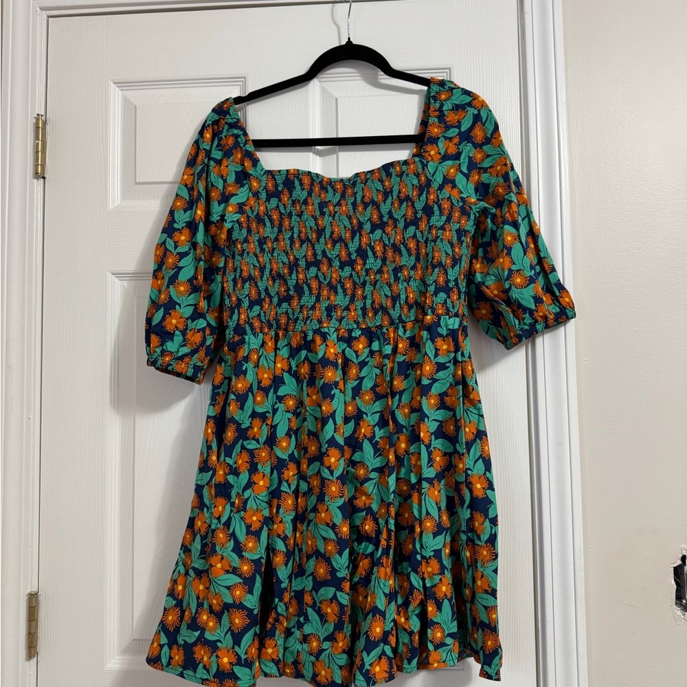 MELLODAY Navy Dress with Teal & Orange Floral Print